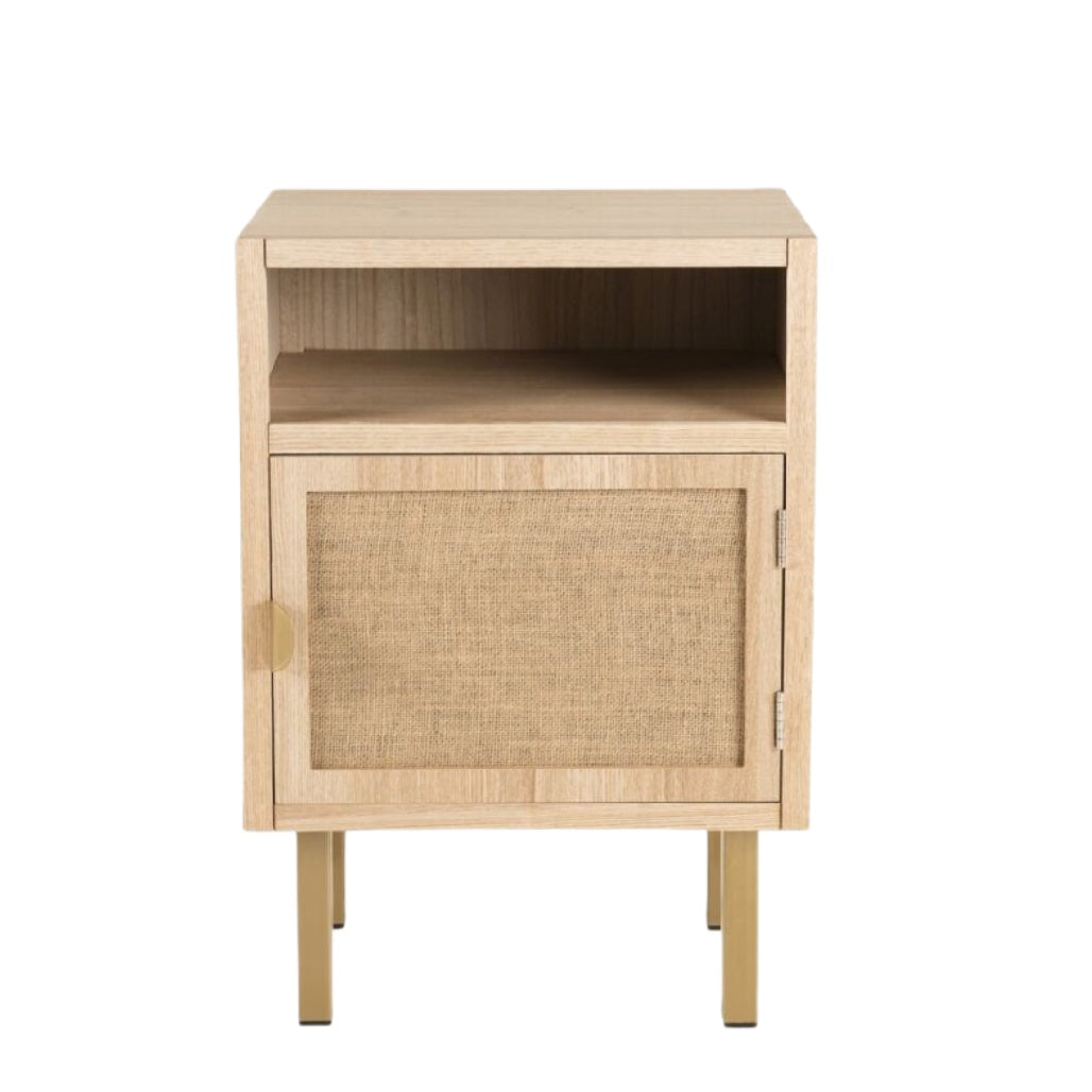 „Moderner Nachttisch mit offenem Fach und Stofftür, skandinavisches Design