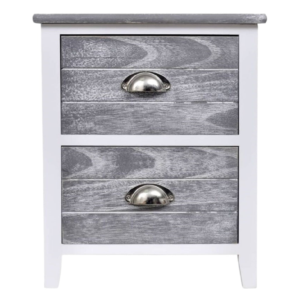 „Moderner Nachttisch mit zwei Schubladen in Weiß und Grau