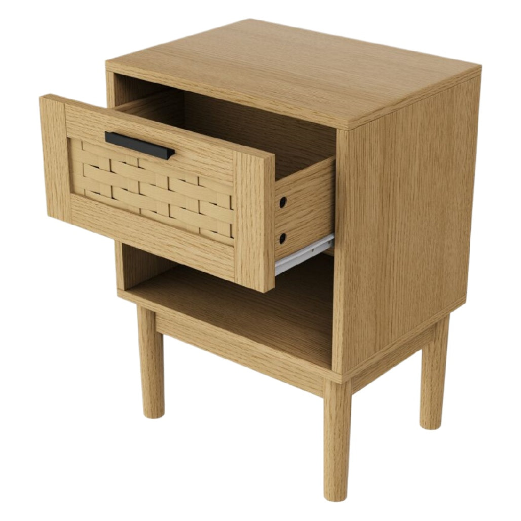 „Moderner Holz-Nachttisch mit Schublade und offener Ablage