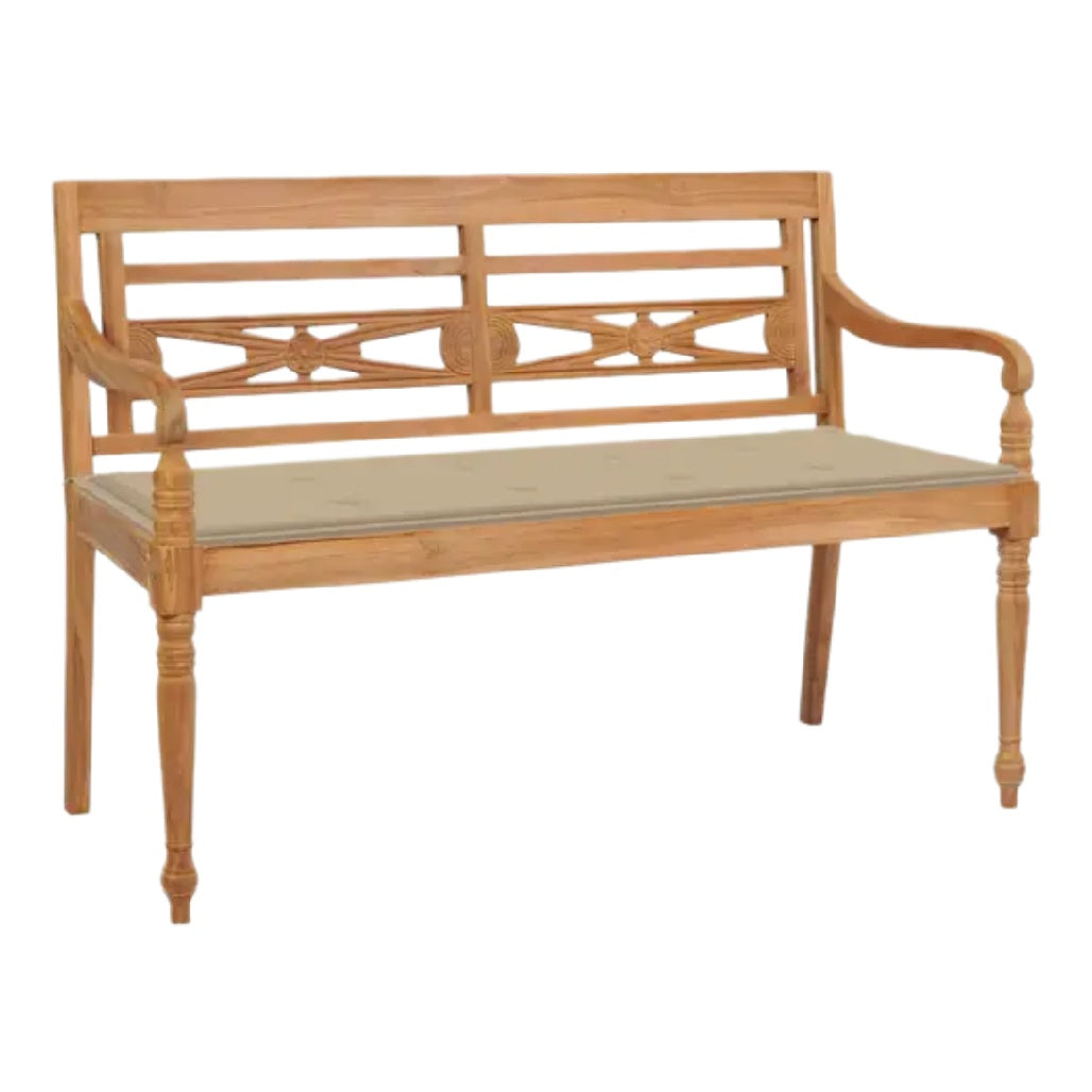 **Klassische Holzbank mit gepolsterter Sitzfläche**